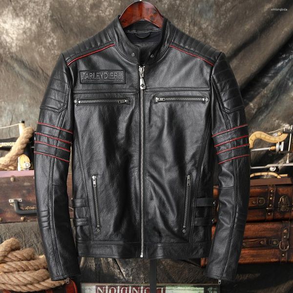 Vestes brodées en cuir pour hommes, manteau de motard en cuir de vache naturel, vêtements de printemps et d'automne pour hommes