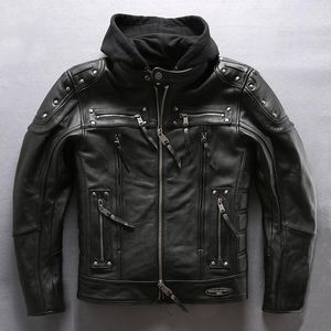 Heren Leather Factory 2023 Men Zwart Echte motorjas Fshion Liner Hooded Jackets Dikke koehide Winterlagen Faux