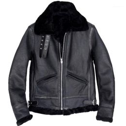 Herenleer Faux 2021 Zwart Mannen Militaire B3 Bomberjack Plus Size XXXL Echte Schapenvacht Russische Winter Warm Shearling Coat