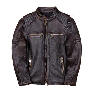 Cuir pour hommes Faux 2021 Vintage Marron Véritable Veste Hommes Style Moto Grande Taille 5XL Col Montant Véritable Peau De Vachette Naturelle Slim Biker Manteau