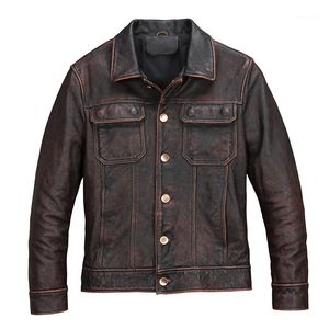 Chaqueta de cuero sintético para hombre, chaqueta de estilo informal americano, marrón, Vintage, con una hilera de botones, de talla grande 5XL, abrigo de otoño de piel de vaca auténtica, 2021