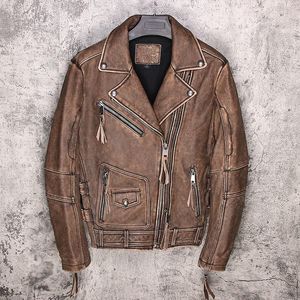 Hommes cuir Faux 2021 Vintage marron hommes Style américain veste de motard grande taille XXXXXL véritable peau de vache épaisse printemps coupe ajustée manteau