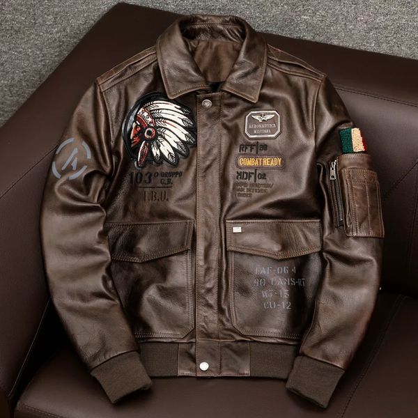 Imitación de cuero para hombres 2023 Air Force Flight A2 Pilot Indian Cow Motorcycle Brown Jacket 100 Cowhide Bomber Ropa masculina 230927