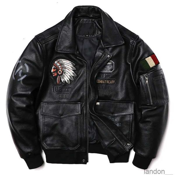 Faux cuir pour hommes 2024 broderie indienne véritable veste de moto en peau de vache vestes de pilotes de l'armée de l'air vêtements costume de vol 230908