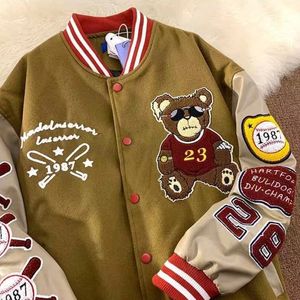 Herenleer Faux American Retro Bear Borduurde jassen Coats Y2K Street Hip Hop Trend Baseball uniform paar Casual Wild Jacket 221122