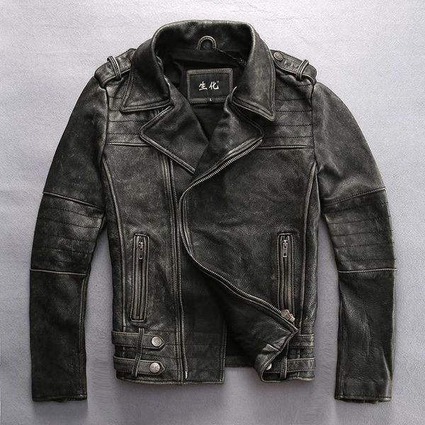 Chaqueta de motociclista a la moda para hombre, de piel sintética, estilo Vintage, ajustado, con cremallera oblicua