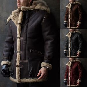 Hommes en cuir Faux automne hiver à capuche fourrure épaissir manteau intégré en peluche veste chaude mâle simple boutonnage solide casual vêtements d'extérieur 231202