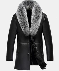 Hommes en cuir Faux automne hiver véritable col de fourrure col en V hommes Long Style en cuir de mouton mâle fourrure couleur unie manteau d'extérieur épais chaud Parkas y230831