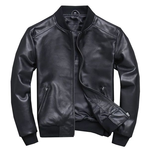 Hommes cuir Faux noir Aviation véritable Bomber veste hommes pilote en peau de mouton réel manteau court mince affaires veste en cuir 231031