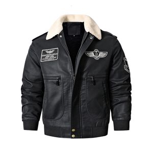 Hommes cuir Faux Bomber moto veste Vintage marron militaire vol manteau hiver polaire porc grande taille Jaqueta 230324