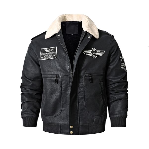 Hommes cuir Faux Bomber moto veste Vintage marron militaire vol manteau hiver polaire porc grande taille Jaqueta 221122