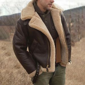 Heren Lederen Faux Flight Jacket Mannen Bontkraag Bruin Vintage Lam Mannelijke Winter Dikker Warme Fleece Bomber Parka 231018