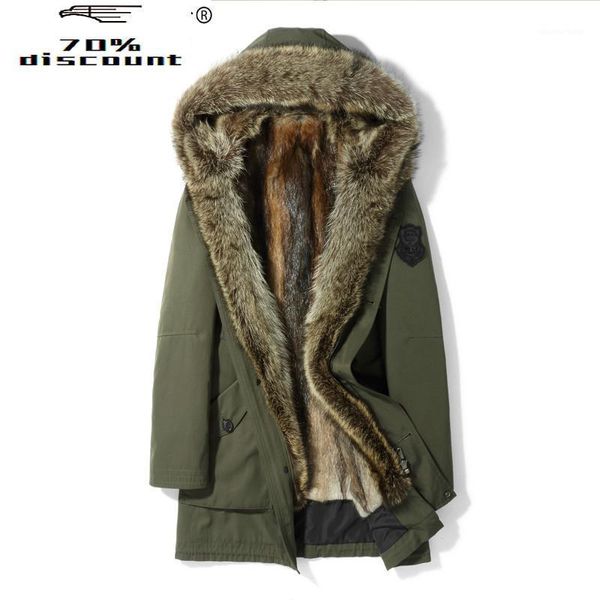 Parka de piel sintética de cuero para hombre, chaqueta cálida de invierno, abrigo Real para hombre, abrigos largos de mapache, Veste Homme Hiver MG-2800062 KJ2528