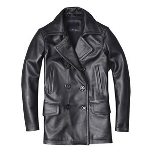 Hommes en cuir Faux véritable veste mâle peau de vache pardessus automne hiver affaires manteau Trench Style Double boutonnage vêtements en peau de veau 231031