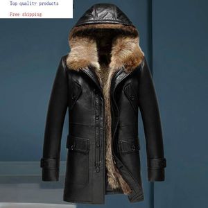 Hommes en cuir Faux véritable veste hommes hiver réel manteau de fourrure naturel raton laveur doublure en peau de mouton à capuche chaud 2023 6066 KJ3634