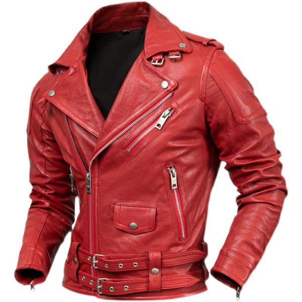 Veste de moto en simili cuir véritable pour homme en jersey tanné végétal rouge mâle