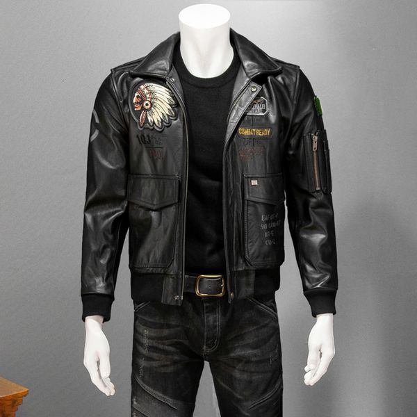 Traje de vuelo indio de imitación de cuero para hombres Ropa de motociclista hermosa Capa de cabeza Chaqueta de cuero de vaca Hombres de moda Tipo delgado 230922