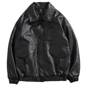 Heren lederen faux jas herfst PU jas revers losse vintage motorfiets stijl parka top casual winddicht 230919