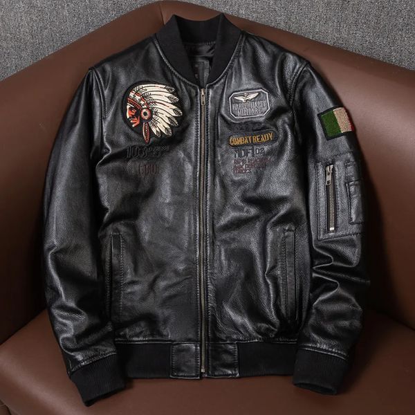 Chaquetas de imitación de cuero para hombre, abrigo de vuelo aéreo, chaqueta militar de bombardero indio, bordado de fuerza, piloto genuino, béisbol gratis 230927