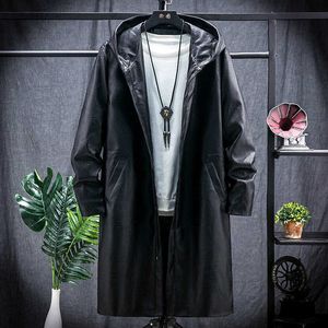 Hommes en cuir faux cuir automne hiver trench-coat hommes style long à capuche en cuir PU manteau version coréenne jeunesse tendance velours épais beau cap pardessus T221102