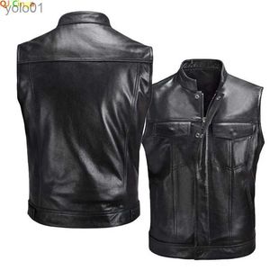 Veste en simili cuir pour hommes, col noir, sans manches, en PU, simple boutonnage de haut en bas avec poches, gilets en simili cuir, manteau S M L XL XXL XXXLL231018