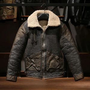 Cuir pour hommes Faux cuir européen de haute qualité Super chaud véritable veste en cuir de mouton hommes grande taille B3 Shearling Bomber militaire pilote manteau de fourrure 231020