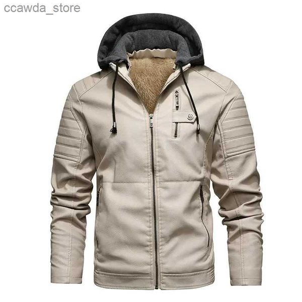 Chaqueta de cuero de moda de cuero de imitación de cuero para hombres Forro polar de otoño Abrigo de cuero de PU con ropa masculina de invierno Chaquetas de motocicleta con capucha blanca casual Q240103