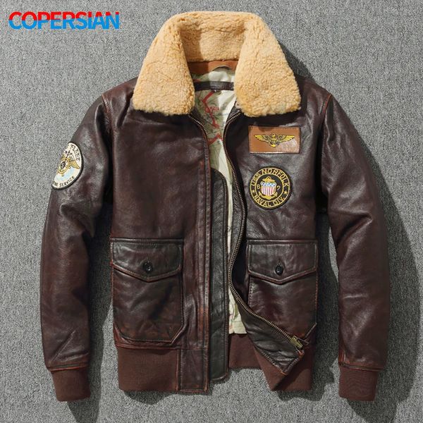 Cuir pour hommes Faux cuir Veste de pilote G1 en cuir véritable pour hommes couche supérieure en peau de vache combinaison de moto en vieille pierre meulage plus veste à col en fourrure de coton 230927