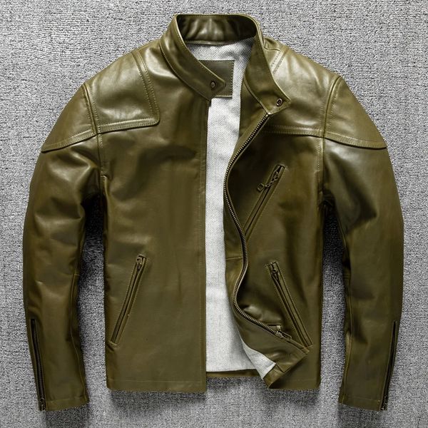 Chaqueta de cuero verde de cuero sintético para hombre, abrigo de cuero genuino de motocicleta corto ajustado de piel de caballo, estilo J100, ropa masculina 5XL 231027