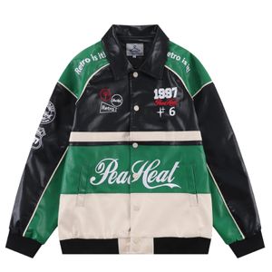 Cuir pour hommes Faux cuir High Street lettre broderie cuir Pu hommes Patchwork moto motard mode manteaux en cuir mâle Bomber veste poches vêtements 231124