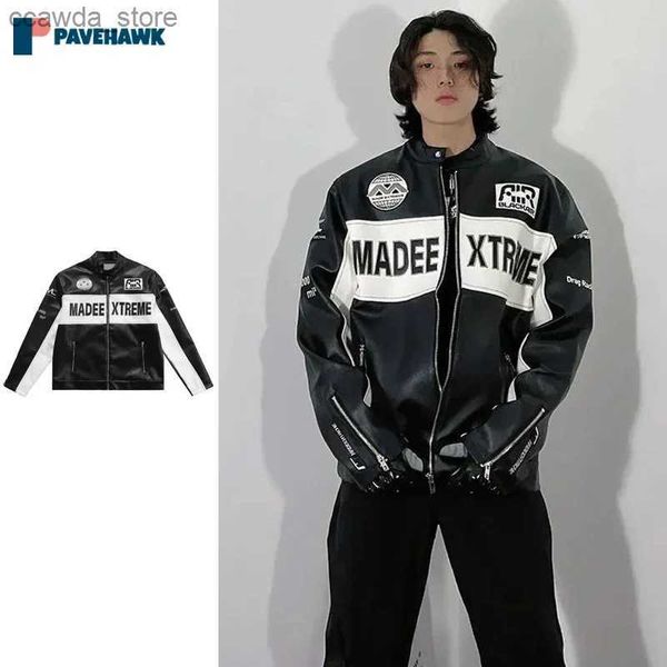 Chaqueta de motocicleta vintage de cuero de imitación de cuero para hombres Hombres Mujeres Hip Hop Patchwork suelto Letra Imprimir Chaquetas de carreras Unisex PU Abrigos de cuero Nuevo Q240103