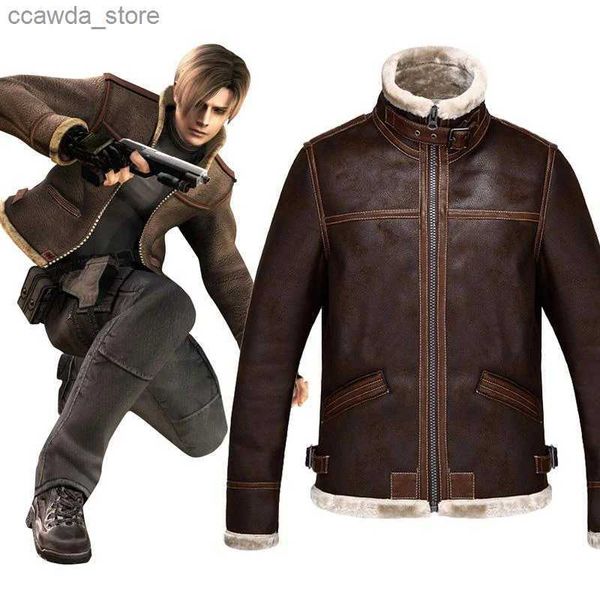 CHAQUETA DE CUERO IMITADO PARA HOMBRE Leon S Kennedy Chaqueta De Cuero Sintético Para Motocicleta Chaqueta De Felpa De Lana De Invierno Para Hombre Cortavientos Abrigo De Lana De Cordero Sintético Marrón Q240103