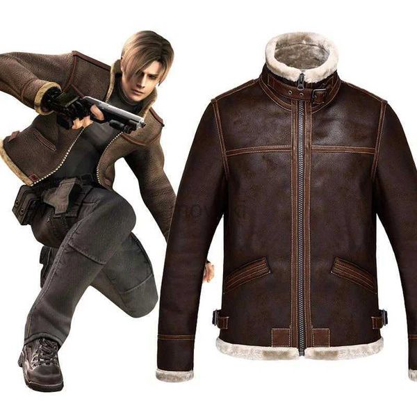 Chaqueta de cuero sintético para hombre Leon S Kennedy, chaqueta de cuero sintético para motocicleta, chaqueta de piloto de felpa de lana de invierno para hombre, cortavientos, abrigo de lana de cordero sintética, marrón 240330