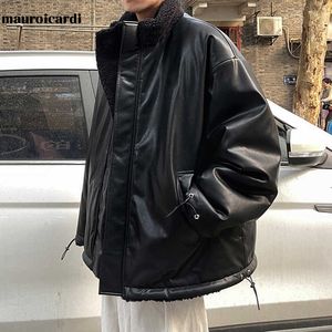 Cuir pour hommes Faux cuir Mauroicardi hiver surdimensionné chaud épais veste en cuir réversible hommes avec polaire à l'intérieur fermeture éclair décontracté ample luxe mode 2021 T221102