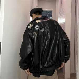 Cuero de los hombres de cuero de imitación de los hombres chaqueta de cuero negro mujeres coreanas chaqueta de motocicleta suelta primavera otoño moda streetwear masculino prendas de vestir exteriores abrigos de motorista 220927