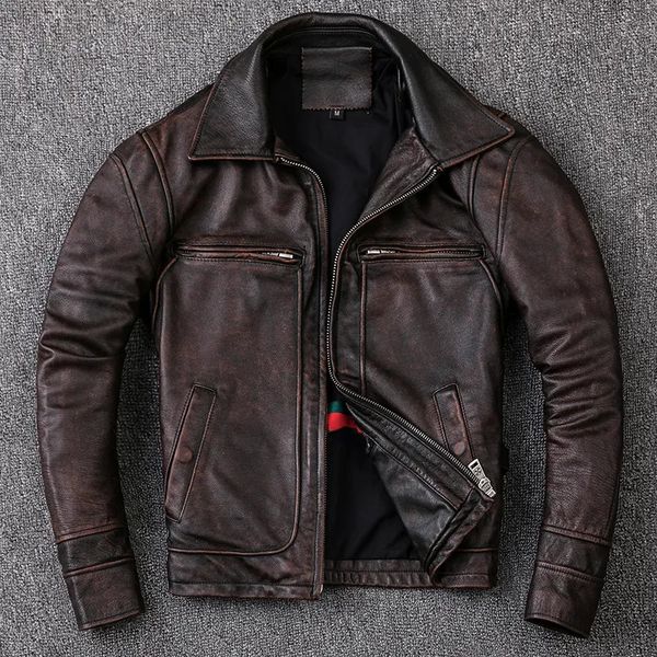 Cuir pour hommes Faux cuir hommes manteau en peau de vache veste en cuir véritable pour hommes Style Vintage homme vêtements en cuir moto Biker vestes grande taille 134 cm 231021