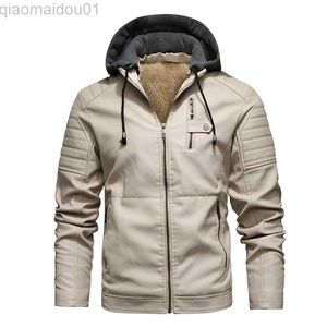 Men's Leather Faux Leather Men Hooded Leather Jackets Chaquetas Slim Fit Motorcycle PU Leather Coats High Quality Men Fleece Warm Leather CoatsSize 5XL L230721