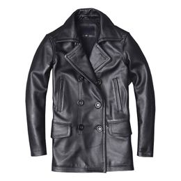 Men's Leather Faux cuir hommes veste en cuir véritable mâle peau de vache pardessus automne hiver affaires manteau Trench Style Double boutonnage vêtements en peau de veau 230825