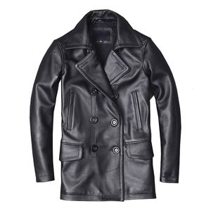 Leerleer Faux Leather Leer Echt lederen jas mannelijke koehide overjas herfst winter zakelijke jas geulstijl dubbele borsten kleding kalfsleer 230208