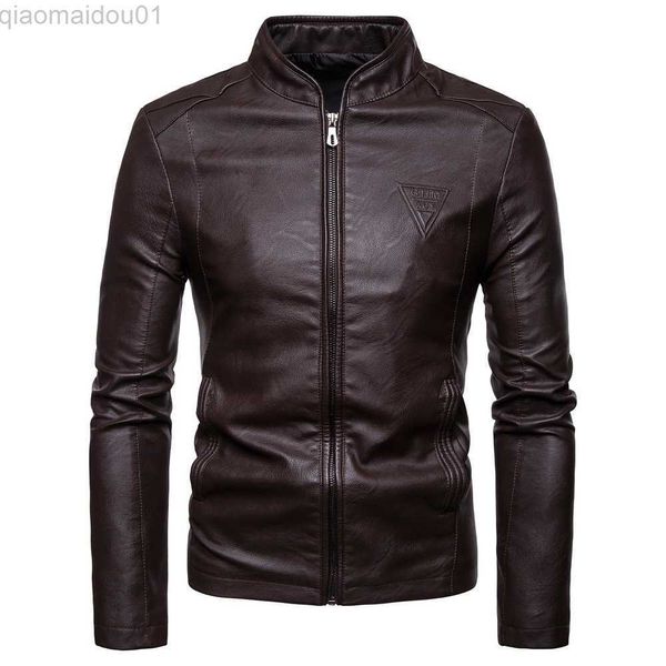 Hommes en cuir Faux cuir hommes Slim vestes en cuir col montant Fit manteaux en cuir bonne qualité mâle printemps automne décontracté marron veste en cuir et manteau 4XL L230721