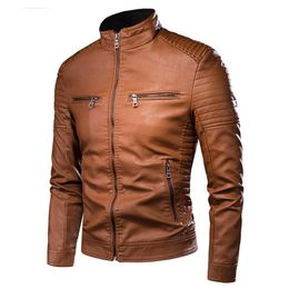 Leerleer Faux Leather Men Spring Brand Causal Vintage Leather Jacket Coat Men Outfit Design Motor Biker Zip Pocket PU Lederen Jacket Men 230313