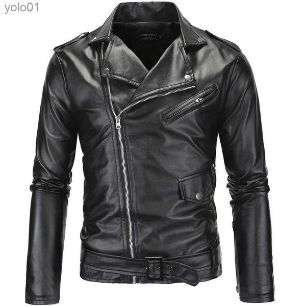 Vestes en cuir pour hommes en simili cuir pour hommes 2022 nouveau noir blanc décontracté revers coupe ajustée diagonale fermeture éclair moto veste en cuir PU manteau vêtements pour hommes L231018