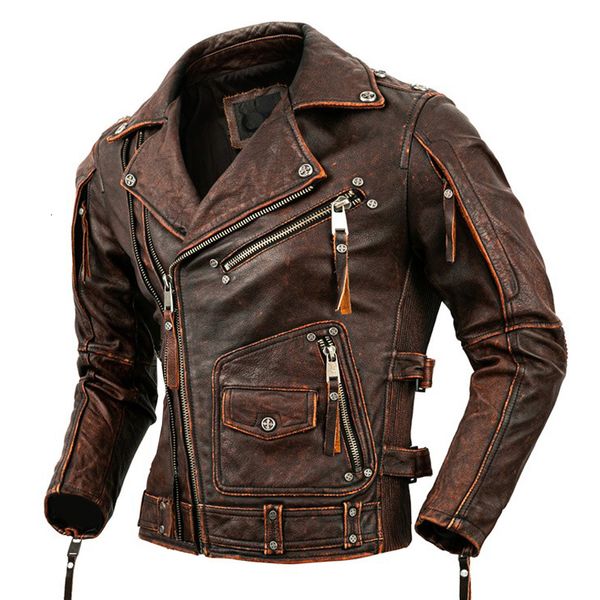 Veste en cuir pour hommes, simili cuir de vache, veste en cuir véritable pour hommes, Slim Stone Milled, veste rétro en cuir de veau, manteau pour hommes, vêtements d'équitation de motard 230825