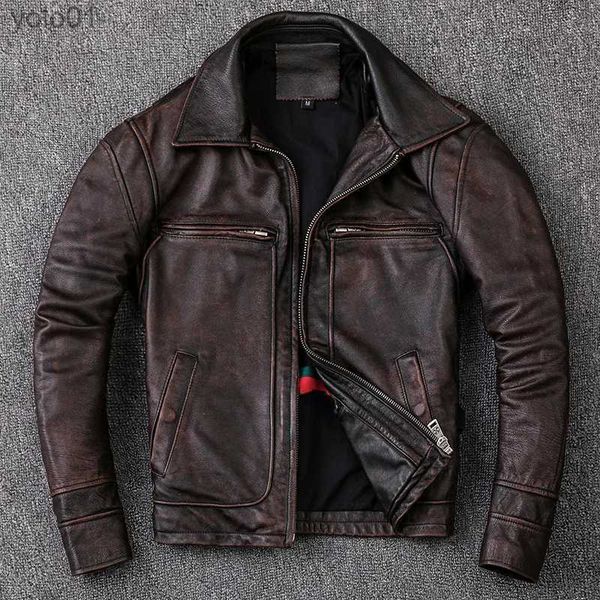 Men's Leather Faux Cuir Nouveaux hommes manteau en peau de vache hommes veste en cuir véritable Style Vintage homme vêtements moto Biker vestes grande taille 134 cm L231018