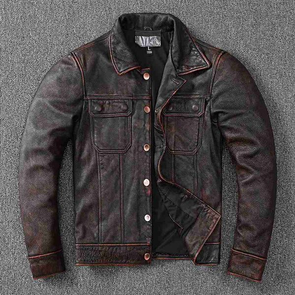 Cuir pour hommes Faux cuir nouveau Vintage marron vêtements de travail Style Cowboy veste en cuir véritable manteau en peau de vache naturelle hommes moulin à pierre vêtements de Style ancien 240330