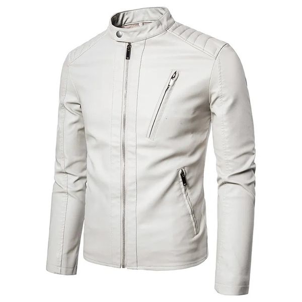 Cuir pour hommes Faux cuir printemps automne veste en cuir de moto pour hommes vestes à col montant solide mode décontractée tendance blanc manteau coupe-vent Streetwear 230927