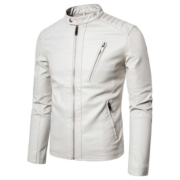 Veste en cuir pour hommes en simili cuir printemps automne veste en cuir de moto pour hommes vestes à col montant solide mode décontractée tendance blanc manteau coupe-vent Streetwear 231102