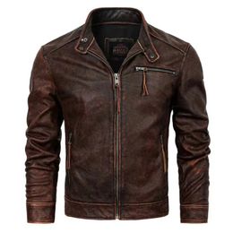 Veste de moto en cuir pour hommes, col montant, Style rétro, manteau en cuir pour hommes, couche supérieure en peau de vache, cuir de veauM1926 231010