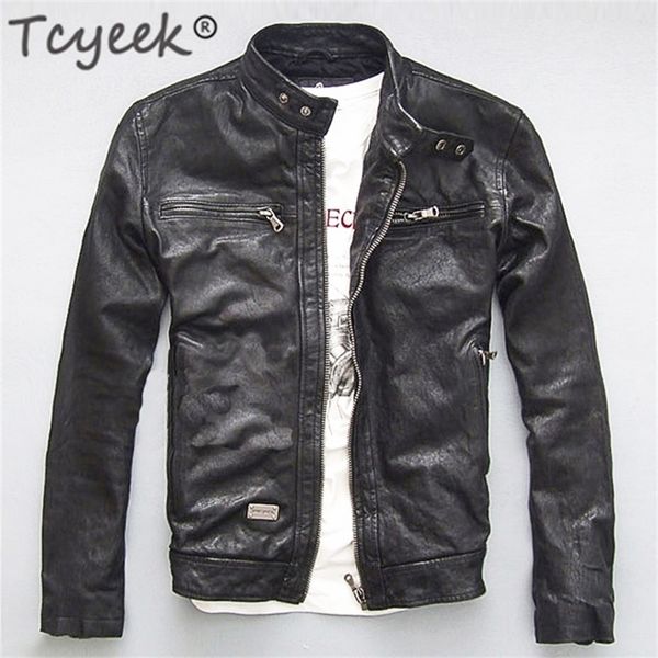 Men's Leather Faux Leather Tcyeek veste en cuir véritable pour hommes hommes véritable mouton chèvre noir marron mâle Bomber moto vestes printemps automne hommes vêtements L1 220826