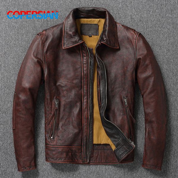 Veste en cuir surdimensionnée pour hommes en similicuir pour hommes Veste en cuir surdimensionnée rouge-marron américain rétro style moto couleur en détresse manteau haut sens 230208